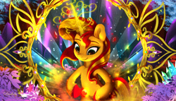 Size: 2000x1141 | Tagged: safe, artist:darksly, sunset shimmer, pony, unicorn, colorful, crystal, female, magic, mare, solo, tree