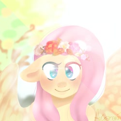 Size: 2000x2000 | Tagged: safe, artist:misocosmis, fluttershy, pegasus, pony, g4, bust, female, floppy ears, floral head wreath, flower, high res, lens flare, looking at you, mare, smiling, solo, spread wings, vylet pony, wings
