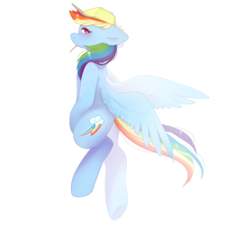 Size: 1800x1800 | Tagged: safe, artist:misocosmis, rainbow dash, pegasus, pony, g4, 2014, backwards cutie mark, baseball cap, bipedal, candy, cap, female, food, hat, lollipop, looking back, mare, simple background, solo, white background, wings