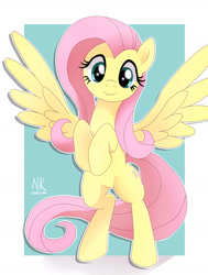 Size: 1068x1414 | Tagged: safe, artist:nekokevin, fluttershy, pegasus, pony, g4, cute, female, looking at you, mare, passepartout, rearing, shyabetes, signature, simple background, smiling, smiling at you, solo, spread wings, wings