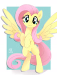 Size: 1068x1414 | Tagged: safe, artist:nekokevin, fluttershy, pegasus, pony, cute, female, looking at you, mare, rearing, shyabetes, signature, simple background, smiling, smiling at you, solo, spread wings, wings