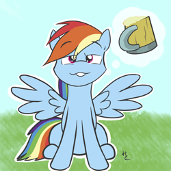 Size: 2400x2400 | Tagged: safe, artist:hardcyder, rainbow dash, pegasus, pony, g4, cider, cider dash, cider mug, daydream, female, high res, mare, mug, outline, pictogram, sitting, solo, spread wings, teeth, that pony sure does love cider, thought bubble, wings