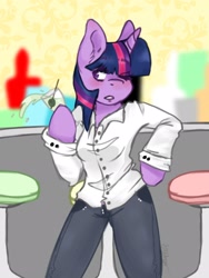 Size: 1536x2048 | Tagged: safe, artist:misocosmis, twilight sparkle, unicorn, anthro, g4, 2014, alcohol, arm hooves, bar, clothes, cocktail, drink, drunk, drunk twilight, ear fluff, female, hoof hold, old art, olive, one eye closed, pants, shirt, solo