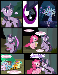 Size: 1042x1358 | Tagged: safe, artist:dendoctor, gallus, mean twilight sparkle, ocellus, pinkie pie, sandbar, silverstream, smolder, tree of harmony, yona, alicorn, changedling, changeling, classical hippogriff, dragon, earth pony, griffon, hippogriff, pony, yak, comic:clone.., g4, alternate universe, bag, clone, comic, everfree forest, female, floppy ears, glowing, glowing horn, horn, magic, mare, pinkie clone, saddle bag, student six, teleportation, tent, twilight sparkle (alicorn)