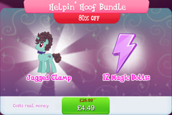 Size: 1274x858 | Tagged: safe, gameloft, idw, jagged clamp, pony, unicorn, g4, my little pony: magic princess, bowtie, brown mane, brown tail, bundle, bushy brows, clear the skies, costs real money, english, green coat, green fur, helpin' hoof bundle, horn, idw showified, numbers, tail, text