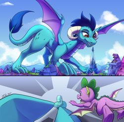 Size: 2247x2200 | Tagged: safe, artist:tsitra360, princess ember, spike, dragon, pony, g4, commission, crystal empire, crystal heart, dragoness, female, giant dragon, giantess, growth, high res, macro, male, winged spike, wings