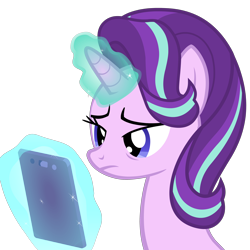 Size: 3500x3500 | Tagged: safe, artist:mrvector, starlight glimmer, pony, unicorn, g4, cellphone, female, glowing, glowing horn, high res, horn, magic, mare, phone, reaction image, sad, simple background, smartphone, solo, telekinesis, transparent background, vector