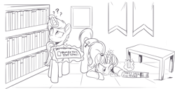 Size: 1471x755 | Tagged: safe, artist:nauyaco, oc, oc only, pony, unicorn, :p, ass up, banner, book, bookshelf, checklist, clothes, duo, female, magic, mare, monochrome, picture frame, ponytail, question mark, searching, shirt, table, telekinesis, tongue out