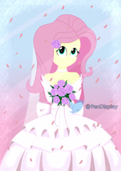 Size: 2893x4092 | Tagged: safe, artist:pendisplay, fluttershy, human, equestria girls, g4, bouquet, bride, clothes, cute, dress, female, flower, flower in hair, flower petals, happy, high res, signature, simple background, smiling, solo, wedding dress, wife