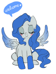 Size: 3000x4000 | Tagged: safe, artist:shira-hedgie, oc, oc only, pegasus, pony, 2015, blush sticker, blushing, coat markings, eyes closed, female, high res, mare, old art, pegasus oc, simple background, sitting, socks (coat markings), solo, speech bubble, spread wings, transparent background, welcome, wings