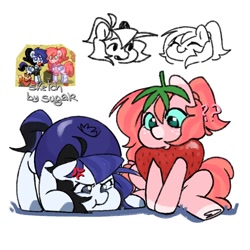 Size: 1000x1000 | Tagged: safe, artist:sugarpersonlove, oc, oc only, oc:sugar flash, pony, :t, blueberry, blueberry costume, clothes, costume, cross-popping veins, duo, emanata, food, food costume, fruit costume, question mark, strawberry, strawberry costume, underhoof