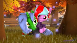Size: 3840x2160 | Tagged: safe, artist:melodismol, oc, oc:omega(phosphorshy), oc:star beats, pegasus, pony, unicorn, 3d, autumn, basket, bench, grass, happy, high res, looking at each other, looking at someone, lying down, melodiphosphor, oc x oc, scenebuild, shipping, source filmmaker, sparkles, sunset, table, tree