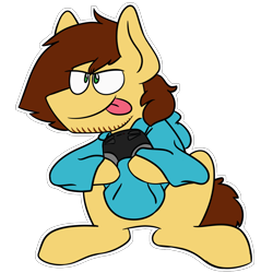 Size: 1500x1500 | Tagged: safe, artist:grandfinaleart, oc, oc only, earth pony, pony, brown hair, brown mane, brown tail, clothes, controller, digital art, earth pony oc, facial hair, green eyes, hoodie, male, simple background, sitting, smiling, solo, stallion, stallion oc, tail, tan fur, transparent background, unshorn fetlocks, video game, wings