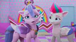 Size: 1280x716 | Tagged: safe, screencap, jazz hooves, pipp petals, queen haven, rocky riff, sunny starscout, zipp storm, earth pony, pegasus, pony, g5, my little pony: make your mark, my little pony: make your mark chapter 2, portrait of a princess, spoiler:g5, spoiler:my little pony: make your mark chapter 2, spoiler:mymc02e03, animated, chair, couch, female, jazz has no ears, lightbulb, male, mare, mirror, rainbow, royalty, salon, sitting, sound, spread wings, stallion, stool, webm, wings