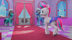 Size: 1280x716 | Tagged: safe, screencap, queen haven, thunder flap, zipp storm, zoom zephyrwing, pegasus, pony, g5, my little pony: make your mark, my little pony: make your mark chapter 2, portrait of a princess, spoiler:g5, spoiler:my little pony: make your mark chapter 2, spoiler:mymc02e03, animated, butt, carpet, checkered floor, female, full name, guard, guardsmare, intimidating, male, mare, out of frame, pegasus royal guard, plot, royal guard, scared, shout, sound, stallion, webm, yelling