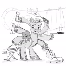Size: 2048x2048 | Tagged: safe, artist:daviddoodlez, hitch trailblazer, sparky sparkeroni, dragon, earth pony, pony, g5, cleaning, cooking, father and child, father and son, frying pan, high res, male, monochrome, multiple arms, papa hitch, reference, rock-a-bye bivalve, sleeping, spongebob reference, spongebob squarepants, stallion, vacuum cleaner