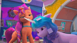 Size: 600x338 | Tagged: safe, screencap, izzy moonbow, sunny starscout, earth pony, pony, unicorn, g5, izzy does it, my little pony: make your mark, my little pony: make your mark chapter 2, spoiler:my little pony: make your mark chapter 2, spoiler:mymc02e01, animated, duo, female, gif, i watch it for the ears, lip quiver, mane stripe sunny, mare, sad