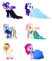 Size: 1280x1503 | Tagged: safe, artist:s0ftserve, applejack, fluttershy, pinkie pie, rainbow dash, rarity, twilight sparkle, alicorn, pony, g4, clothes, colored wings, dress, gala dress, mane six, simple background, transparent background, twilight sparkle (alicorn), two toned wings, wings
