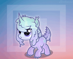 Size: 600x486 | Tagged: safe, artist:kichimina, oc, oc only, goo, goo pony, original species, pony, unicorn, g4, animated, claws, colored, commission, cute, fangs, female, filly, foal, full body, gif, horn, jumping, looking up, loop, mare, open mouth, open smile, pony ears, show accurate, signature, simple background, slime, smiling, solo, spikes, tail, unicorn oc, vector, watermark, ych result