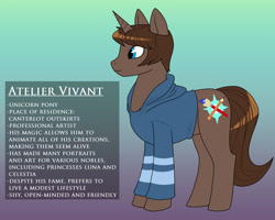 Size: 2400x1920 | Tagged: safe, artist:crovirus, oc, oc:atelier vivant, pony, unicorn, bio, blue eyes, brown mane, brush, clothes, cutie mark, hoodie, horn, pencil, shirt, simple background, text, unicorn oc