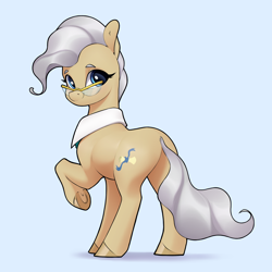 Size: 3072x3072 | Tagged: safe, artist:aquaticvibes, mayor mare, earth pony, pony, g4, blue background, butt, cute, female, glasses, high res, looking at you, looking back, looking back at you, mare, mayorbutt, plot, raised hoof, simple background, smiling, solo, underhoof