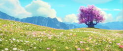 Size: 2049x858 | Tagged: safe, tree of harmony, g5, my little pony: a new generation, official, background, cloud, flower field, grass, no pony, scenery, sky, tree, tripadvisor