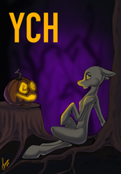 Size: 1640x2360 | Tagged: safe, artist:stirren, pony, commission, halloween, holiday, hypnosis, pumpkin, sitting, solo, swirly eyes, tree stump, your character here