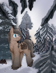Size: 2300x3000 | Tagged: safe, artist:molars, oc, oc only, earth pony, pony, yakutian horse, bag, blue eyes, braid, brown fur, chest fluff, commission, high res, hooves, pine tree, saddle bag, smiling, snow, snowpony, solo, tree, unshorn fetlocks, walking