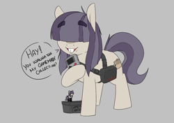 Size: 1229x865 | Tagged: safe, artist:kabayo, artist:lockheart, oc, oc only, oc:dot matrix, earth pony, pony, aggie.io, backpack, bag, bucktooth, dialogue, eyebrows, eyebrows visible through hair, female, game boy, gray background, hair over eyes, mare, open mouth, raised hoof, saddle bag, simple background, smiling, solo, speech bubble, talking, talking to viewer