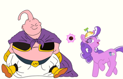 Size: 1112x721 | Tagged: safe, artist:screwbally, screwball, earth pony, pony, g4, anime, boots, candy, cape, clothes, crossover, dragon ball, duo, duo male and female, fat, fat boo, female, food, hat, majin boo, male, pants, propeller hat, raised hoof, shoes, sitting, smiling, vest