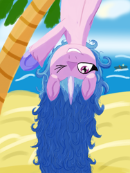 Size: 1536x2048 | Tagged: safe, artist:php176, derpibooru exclusive, izzy moonbow, pony, unicorn, g5, beach, boat, cloud, colored hooves, curly hair, cute, female, hanging, hanging upside down, lineless, looking at you, mare, ocean, one eye closed, palm tree, sand, shading, silly, silly pony, sky, solo, tree, upside down, water, wave, wink, winking at you