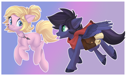 Size: 3500x2111 | Tagged: safe, artist:xvostik, oc, oc only, oc:fenris ebonyglow, oc:kara waypoint, earth pony, pegasus, pony, bag, clothes, duo, eye clipping through hair, fangs, female, high res, jewelry, karanris, male, mare, necklace, oc x oc, running, scarf, shipping, simple background, spread wings, stallion, straight, wings