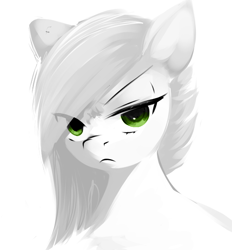 Size: 595x641 | Tagged: safe, artist:some_ponu, limestone pie, earth pony, pony, g4, :c, >:c, angry, bust, eye clipping through hair, female, frown, looking at you, mare, partial color, simple background, sketch, solo, unamused, white background