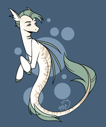 Size: 1000x1200 | Tagged: safe, artist:princessraevinflash, oc, oc only, merpony, seapony (g4), blue background, bubble, digital art, dorsal fin, fins, fish tail, flowing tail, gills, green eyes, green mane, male, ocean, signature, simple background, solo, swimming, tail, underwater, water