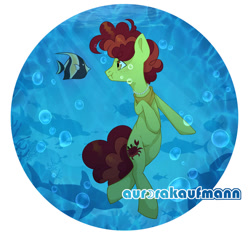 Size: 920x869 | Tagged: safe, artist:aurorakaufmann, oc, oc only, earth pony, fish, pony, shark, brown mane, bubble, commission, digital art, freckles, jewelry, necklace, ocean, pearl necklace, solo, swimming, underwater, water, ych result, yellow eyes