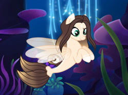 Size: 1280x953 | Tagged: safe, artist:cindystarlight, oc, oc only, oc:cindy, pegasus, pony, seapony (g4), base used, brown mane, coral, dorsal fin, female, fin wings, fins, fish tail, green eyes, mare, ocean, seaponified, seaquestria, seaweed, smiling, solo, species swap, tail, underwater, water, wings