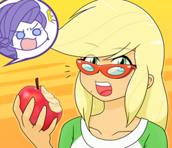 Size: 1480x1280 | Tagged: safe, artist:batipin, applejack, rarity, human, equestria girls, g4, accessory theft, apple, bite mark, duo, emanata, eye clipping through hair, eyebrows, eyebrows visible through hair, female, food, glasses, open mouth, rarity's glasses