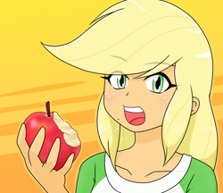 Size: 1480x1280 | Tagged: safe, alternate version, artist:batipin, applejack, human, equestria girls, g4, apple, bite mark, eye clipping through hair, eyebrows, eyebrows visible through hair, female, food, open mouth, solo