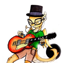 Size: 468x468 | Tagged: safe, artist:liaaqila, oc, oc only, oc:myoozik the dragon, dragon, bracelet, brown eyes, clothes, commission, dragon oc, earbuds, fangs, folded wings, glasses, green shirt, guitar, guitar pick, hat, jewelry, male, male dragon, musical instrument, necklace, non-pony oc, pants, playing instrument, shorts, simple background, smiling, solo, tail, top hat, traditional art, white background, wings