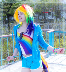 Size: 946x1024 | Tagged: safe, artist:restlessmuse, rainbow dash, human, clothes, cosplay, costume, irl, irl human, multicolored hair, photo, rainbow hair