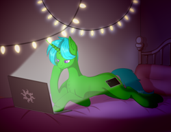 Size: 2989x2300 | Tagged: safe, artist:beast!sans, oc, oc:green byte, pony, unicorn, bed, computer, high res, laptop computer, male, solo, stallion, string lights