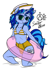 Size: 1072x1500 | Tagged: safe, artist:sepiakeys, oc, oc:blue giggles, unicorn, anthro, belly button, crossdressing, inner tube, male, not misty, simple background, solo, traditional art, white background