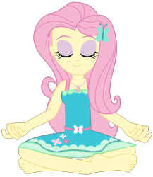 Size: 8303x9545 | Tagged: safe, artist:chrismc373, fluttershy, human, equestria girls, g4, bare shoulders, barefoot, clothes, eyes closed, feet, female, geode of fauna, lotus position, magical geodes, meditating, simple background, sleeveless, smiling, solo, transparent background