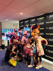 Size: 1536x2048 | Tagged: safe, izzy moonbow, sunny starscout, earth pony, human, pony, unicorn, g5, clothes, costume, female, fursuit, irl, irl human, mare, mascot costume, new york city, paley center, paleywknd, photo
