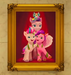 Size: 600x633 | Tagged: safe, screencap, pipp petals, queen haven, zipp storm, pegasus, pony, g5, my little pony: make your mark, my little pony: make your mark chapter 2, portrait of a princess, spoiler:my little pony: make your mark chapter 2, spoiler:mymc02e03, cropped, crown, family, female, flower, jewelry, mare, picture frame, regalia, seaweed, trio
