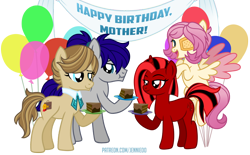 Size: 1000x621 | Tagged: safe, artist:jennieoo, oc, oc:bloodline, oc:gentle star, oc:maverick, earth pony, pegasus, pony, unicorn, balloon, birthday, cake, celebration, cute, female, food, happy, male, mother, mother and child, mother and daughter, mother and son, ocbetes, show accurate, simple background, smiling, story included, transparent background, vector