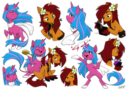 Size: 4676x3308 | Tagged: safe, artist:dar, oc, oc only, oc:apple bloom, oc:echo shade, earth pony, pony, unicorn, fanfic:song of seven, bag, blue mane, bottle, brush, clothes, colored fetlocks, duo, earth pony oc, eyes closed, female, flower, flower in hair, flowing mane, hairbrush, hooves, horn, leaf, leaves, leaves in hair, leonine tail, long tail, magic, mare, mortar and pestle, potion, raised hoof, satchel, scarf, simple background, striped mane, tail, transparent background, unicorn oc, unshorn fetlocks, white hooves
