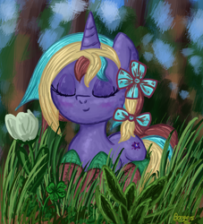 Size: 1150x1267 | Tagged: safe, artist:battyboopers, oc, oc only, oc:starbeam, pony, unicorn, eyes closed, female, horn, nature, solo, unicorn oc