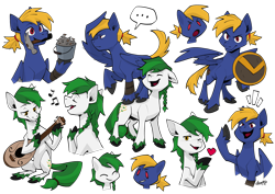 Size: 4676x3308 | Tagged: safe, artist:dar, oc, oc only, oc:meadow skip, oc:slashbuckler, earth pony, pegasus, fanfic:song of seven, ..., braid, braided tail, bucket, clothes, colored fetlocks, cutie mark, earth pony oc, eyes closed, guitar, hammer, heart, hooves, laughing, long tail, lute, music, music notes, musical instrument, nails, pegasus oc, playing instrument, raised hoof, shield, short tail, simple background, singing, smiling, solo, tail, transparent background, unshorn fetlocks, wings, yelling