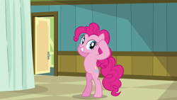 Size: 1280x720 | Tagged: safe, screencap, pinkie pie, earth pony, pony, read it and weep, season 2, bipedal, hospital, looking at you, smiling, solo, standing